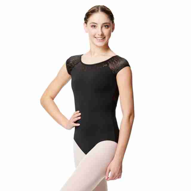 Zwart balletpak met kapmouwen - Voor dames - Katoen/spandex - Gaaspatroon - Ronde hals - Calla CAL184