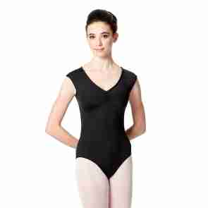 Zwart balletpak met pinch - V-hals - Rug van kant en gaas - Tactel/spandex - Brede bandjes - Lulli LUF534